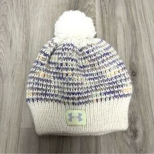 Under Armour Hat Girls Youth OS White and Purple Marled Knit Beanie with Puff